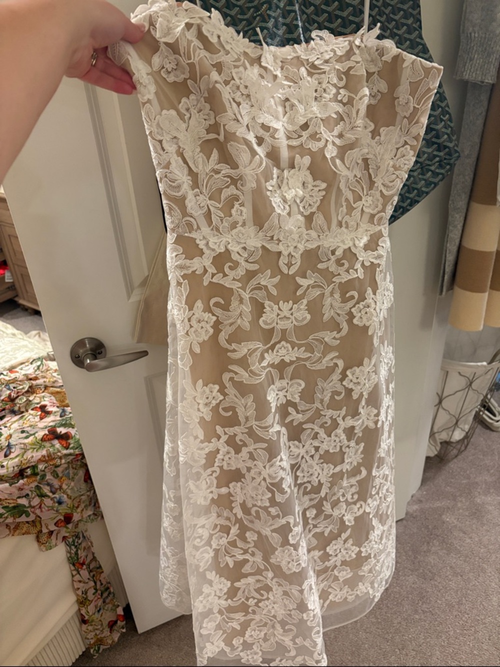 Strapless Nude Dress with White Floral Lace